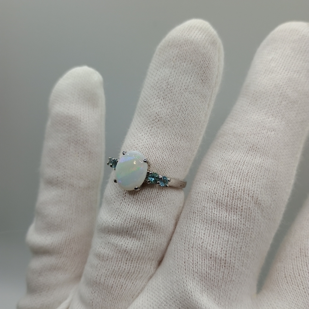 Sterling Silver Opal Oval Ring with Blue Accent Stones - Picture 5 of 8
